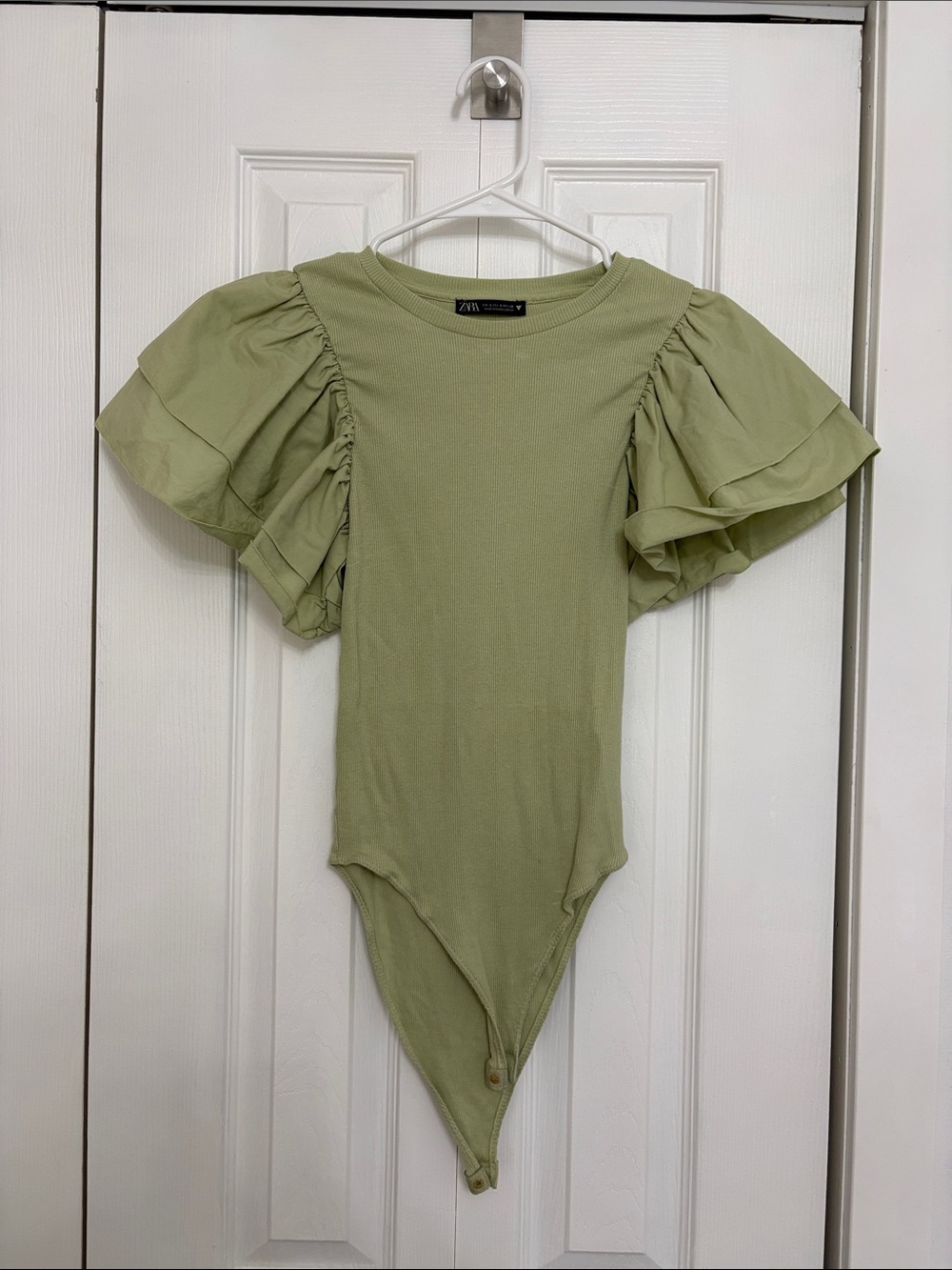 Zara Light Olive Puff-Sleeve Bodysuit
